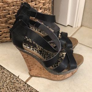 Black strappy cork wedges
